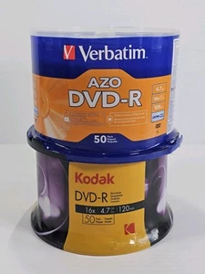 Blank DVD-R 4.7GB 16x 120Min AZO Recordable Media Disc 100x Discs Kodak Verbatim - Picture 1 of 2