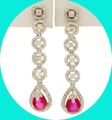 Natural Diamond Lab Created Ruby Drop Screwback Earrings 5.05CT  14K YG  1 7/8” - Image 1 of 4
