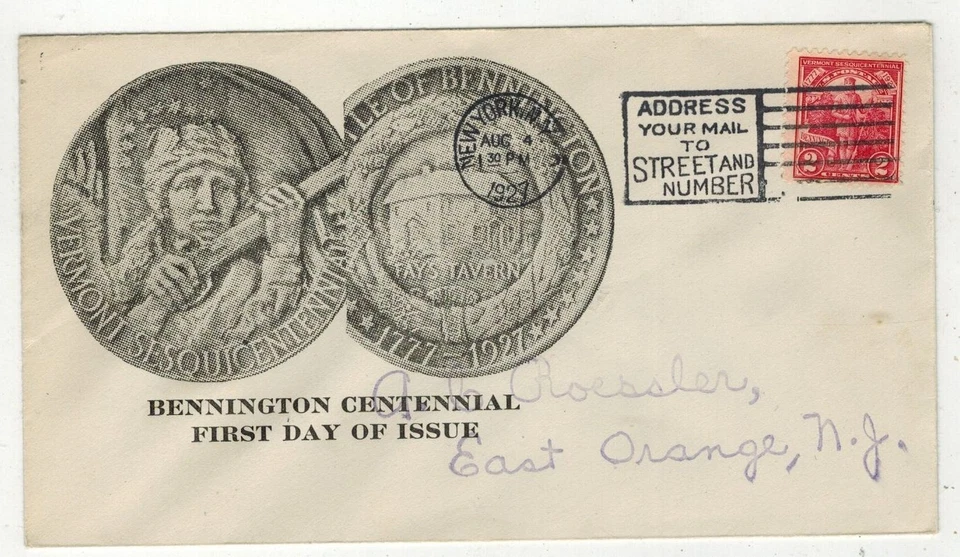 1927 FIRST DAY ISSUE 643-3 VERMONT CENTENNIAL ROESSLER CACHET 8/4 NEW YORK CANCE - Image 1 of 1