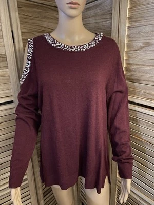 INC International Concepts Size XL Plum Sweater Open Shoulder Rhinestones Beads - Image 1 of 4