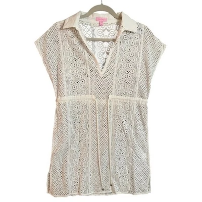 Vestido Camisa Túnica Lilly Pulitzer Blanco Crochet Encaje Cuello en V S Foto 1 de 4
