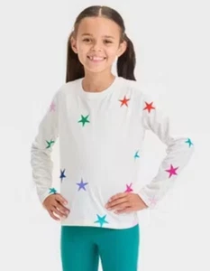 Cat & Jack Top Girls Small 6-7 Star Print Long Sleeve T-Shirt Round Neck - Picture 1 of 4