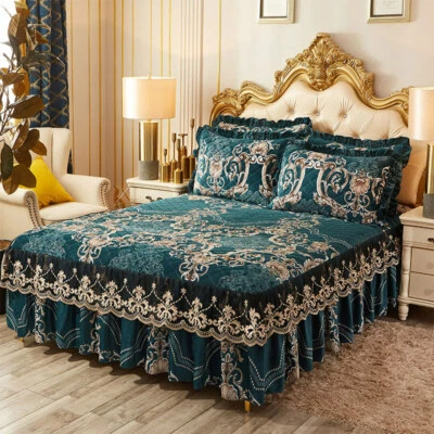 Colcha acolchada de terciopelo de encaje de lujo king falda de cama completa con volantes sábana ajustable suave Foto 1 de 4