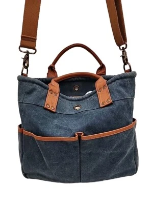 Bolso de Mano Levenger Denim Cuero Borde 6 Bolsillos Cartera Cartera Cubo Boho Foto 1 de 4