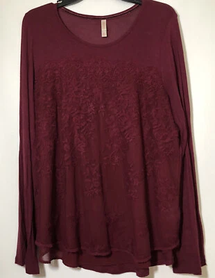 Xhilaration Woman’s Top Sz XL Wine Color Sheer Embroidered Overlay Blouse - Image 1 of 4