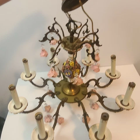VTG Brass Applied Flowers Pink Roses Chandelier Hanging Swag 8 Lamp Light Italy Cover