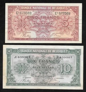 Belgium Paper Money -WWII Era 5 & 10 Franc Notes -1943 - P121/P122 - Circulated - Picture 1 of 2