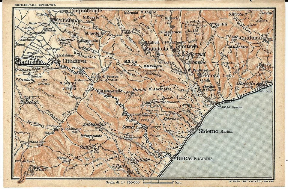 GERACE MARINA DINTORNI Locri Reggio Calabria Carta geografica Touring Club 1928 - Immagine 1 di 1