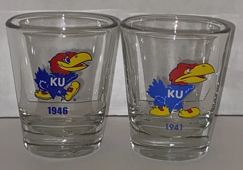 Kansas Jayhawks Shot Glass Set of 2 1941 and 1946 Jayhawk Logo Cover