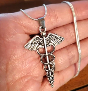 Collar Caduceo Enfermera Médica Médica Médica Médica Doctor Acero Inoxidable 925 Esterlina 18" - Imagen 1 de 4