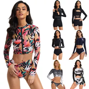 Women Long Sleeve UV Sun Protection UPF 50+ Rash Guard Top 2 Piece Swimsuit Set - Picture 1 of 23
