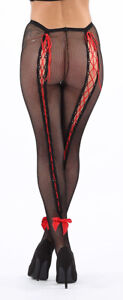 Black Fishnet TIGHTS with Sexy Red Ribbon Back One Size Fits Most (GE) FREE POST