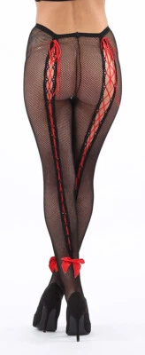 MEDIAS Black Fishnet con Sexy Espalda Cinta Roja Talla Única Se Adapta a la Más (GE) POST GRATUITO Foto 1 de 3