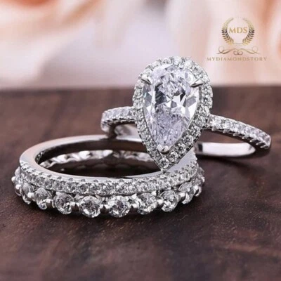 3 Carat Pear Cut Moissanite Trio Set Engagement Ring Solid 14K White Gold VVS1 - Image 1 of 4