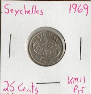 Moneda Seychelles (Colonia Corona Británica) 25 Céntimos 1969 KM11, prueba, baja acuñación - Imagen 1 de 4