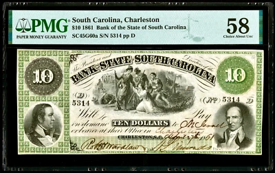 April 27, 1861 Charleston State South Carolina $10 Obsolete Banknote PMG AU58 - Image 1 of 2