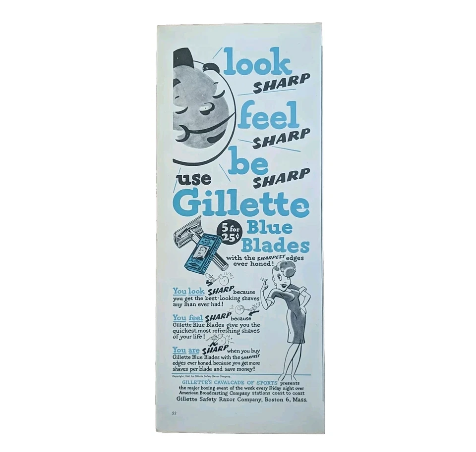 1946 Gillette Blue Blades Print Ad, Look Sharp, Feel Sharp, Be Sharp Foto 1 de 1