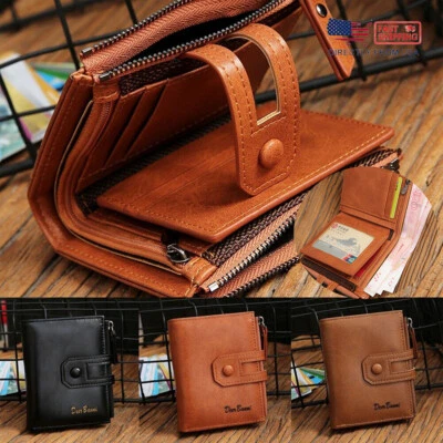 Moda Hombres Cartera Corta Cuero PU Portatarjetas de Crédito Doble Cremallera Monedero Foto 1 de 4