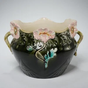 Gustave De Bruyn French Art Nouveau Pink Green Planter Flower Pot Jardiniere 10" - Picture 1 of 9