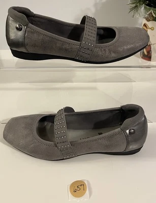 Anne Klein AK Sport Ballet Flats Women 6M Gray w/Rhinestones On Mary Jane Strap - Image 1 of 4