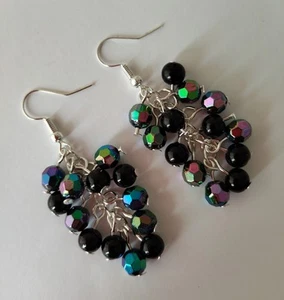 Drop / Dangle Earrings - Black Pearl & Crystal Clusters - Silver Plated - Picture 1 of 7
