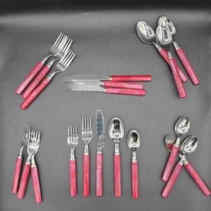 20 Piece Set of Red Marbled Acrylic Handle Stainless Flatware Service for 4 - Picture 1 of 15