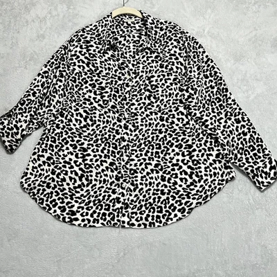 Talbots Women’s 1X Button Front Shirt Black White Animal Print Roll Sleeve - Image 1 of 4