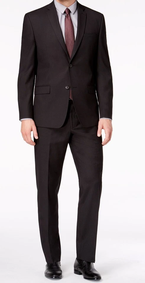 Andrew Marc Regular Fit Stretch Black Grid Suit 40r / 33 X 32 Flat Pant