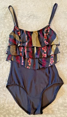 Traje de baño Ceeb vintage para mujer talla 14 negro rosa dorado con volantes de una pieza años 1950-60 Foto 1 de 4