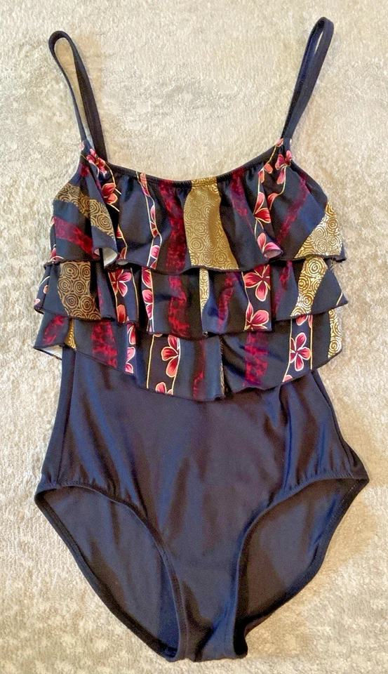 Traje de baño Ceeb vintage para mujer talla 14 negro rosa dorado con volantes de una pieza años 1950-60 Foto 1 de 4