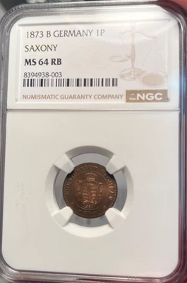 1872 B Alemania Sajonia 1 Pfennig NGC MS 64 RB Top Pop 1/0 Ninguno Finer Foto 1 de 3