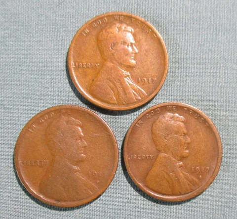 1917 P, 1917-D and 1917-S Lincoln Penny - CIRCULATED (3) U.S. 1 Cent coins PDS Cover