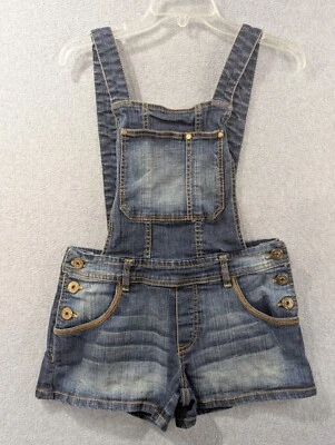 Southpole 围兜整体短裤女式 9 码牛仔刺绣褪色胡须 — 第 1/4 张图片