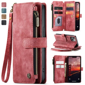 Wallet Case For iPhone 15 13 14 Pro Max X XR XS 7 8 Zip Leather Card Flip Covers - Picture 1 of 60