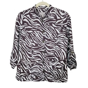 Chico's 100% Linen Button Front Shirt Shacket Sz 0 Small Brown White Zebra Print - Picture 1 of 10