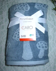 CARO Bathroom Hand Towels Set of 2 - Blue Mushroom 100% Plush Cotton New - Picture 1 of 7