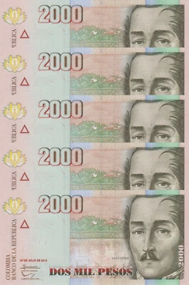 LOT, Colombia 2000 Pesos (30.7.2014) p-457q x 5 PCS UNC - Image 1 of 3