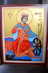 GREEK CHRISTIAN ORTHODOX ICON SAINT CATHERINE KATHERINE HAND PAINTED & SIGNED - Picture 1 of 10