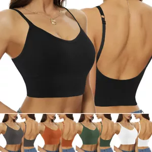 Women Basic Soft Knit Crop Top LINED Cami Tank Stretch Spaghetti Straps Solid @ - Picture 1 of 27
