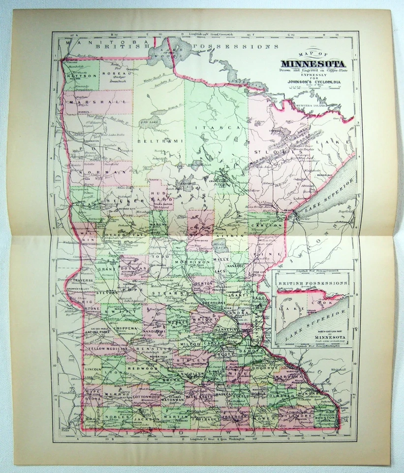 Mapa de placa de cobre original de Minnesota de 1896 de A. J. Johnson. Antiguo Foto 1 de 2