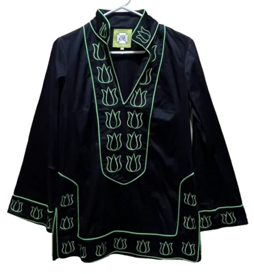 Blusa Elizabeth McKay Talla 6 Manga Larga Negra Verde Tulipán Popover Foto 1 de 3