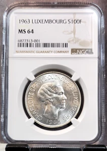 1963 LUXEMBOURG SILVER 100 FRANCS GRAND DUCHESS NGC MS 64 SCARCE BRIGHT BU COIN - Picture 1 of 3