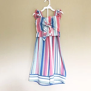 Knit Works Girls Size 5 Wide Leg Pants Crop Top Matching Set Striped Pom Pom - Picture 1 of 12