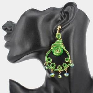 NEW Artsy Funky Green & Gold Wrapped Wire w/ Iridescent Faceted Beads Earrings - Picture 1 of 1