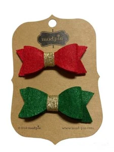 Mud Pie Holiday Set of 2 Red & Green Felt Bow Hair Clips 3" - Picture 1 of 1