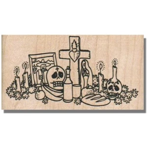 Wood Rubber Stamp, Day Of The Dead Altar, Halloween, Skull,Cross,Flowers,Holiday - Picture 1 of 2