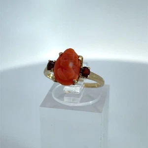 10 Karat Vintage Koralle Kamee und Granat Ring - Bild 1 von 6