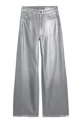 Ex M&S Silver Metallic Wide Leg Jeans Womesn Trousers  - Image 1 of 4