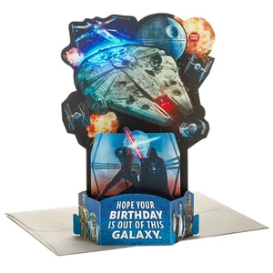 Hallmark Birthday Card ~ Star Wars LIGHT & SOUND POP UP Battle Scene Vader Luke - Picture 1 of 4