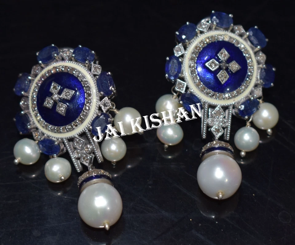 Zaffiro Blu Perla Gemma 925 Argento Sterling Pavé di Diamanti Pendente Orecchino - Immagine 1 di 4